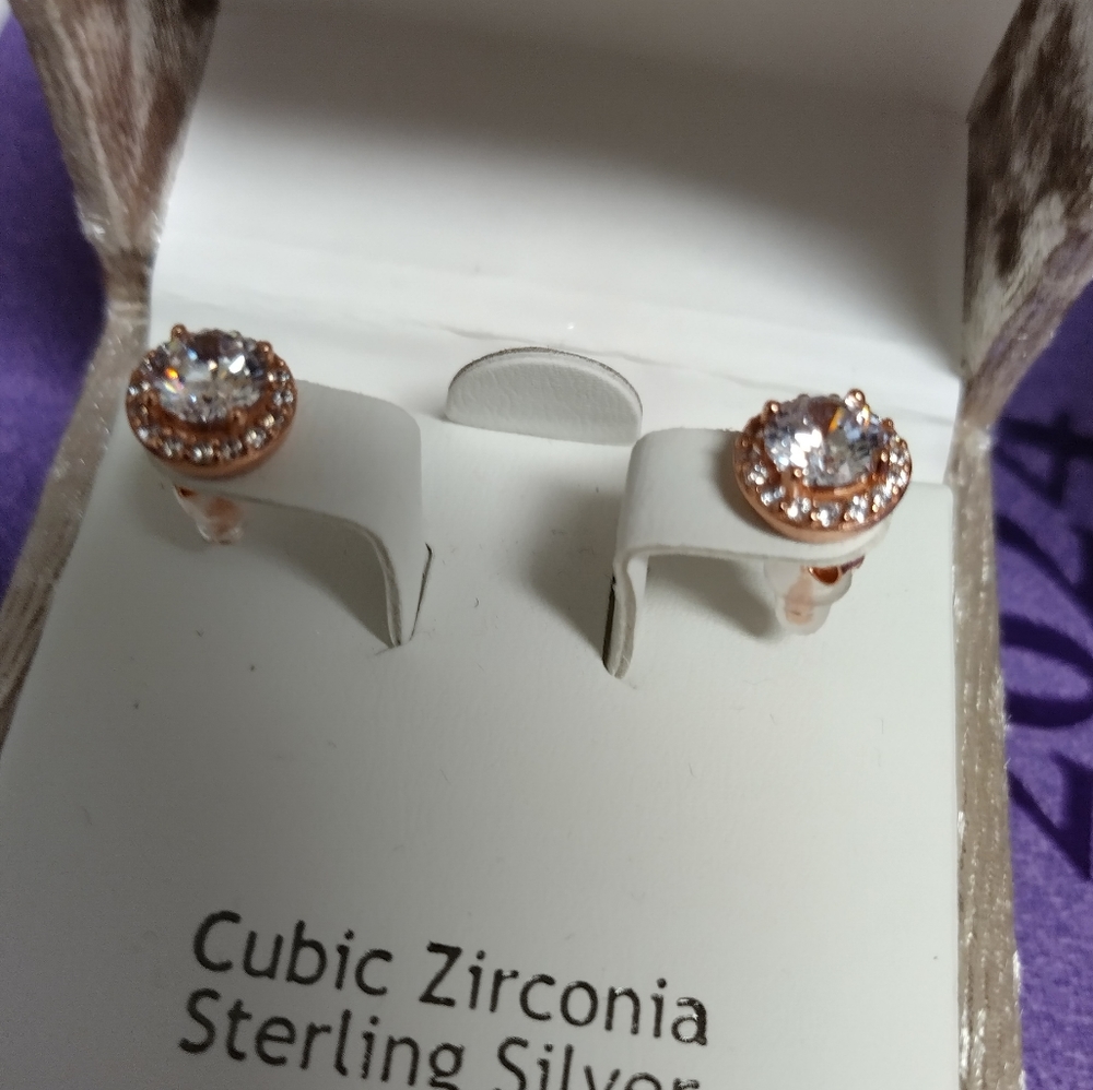 Cubic Zirconia and Sterling Silver rose gold color earrings